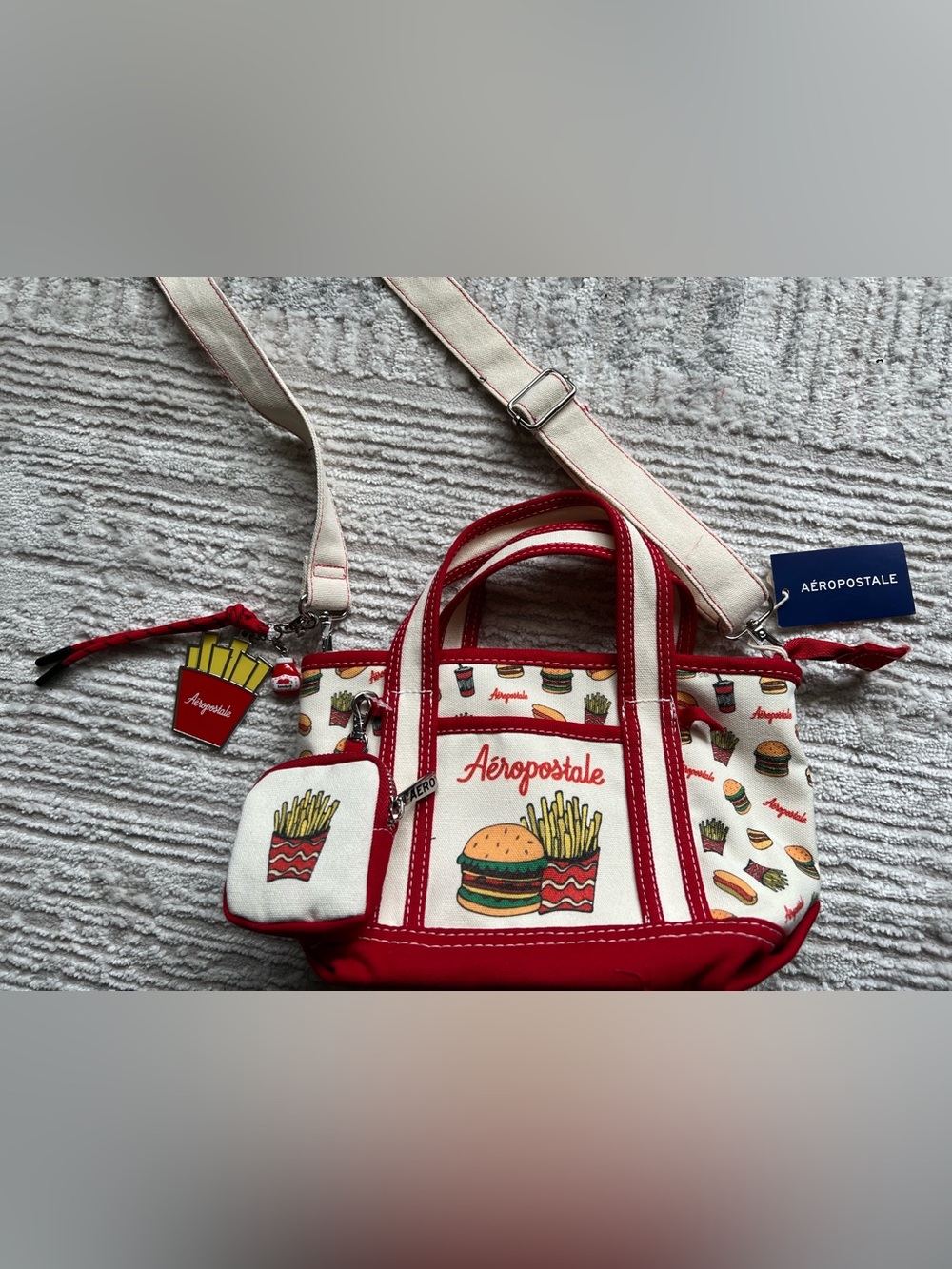 Aeropostale Red & Cream Fast-Food Print Crossbody Bag with Fries Charm